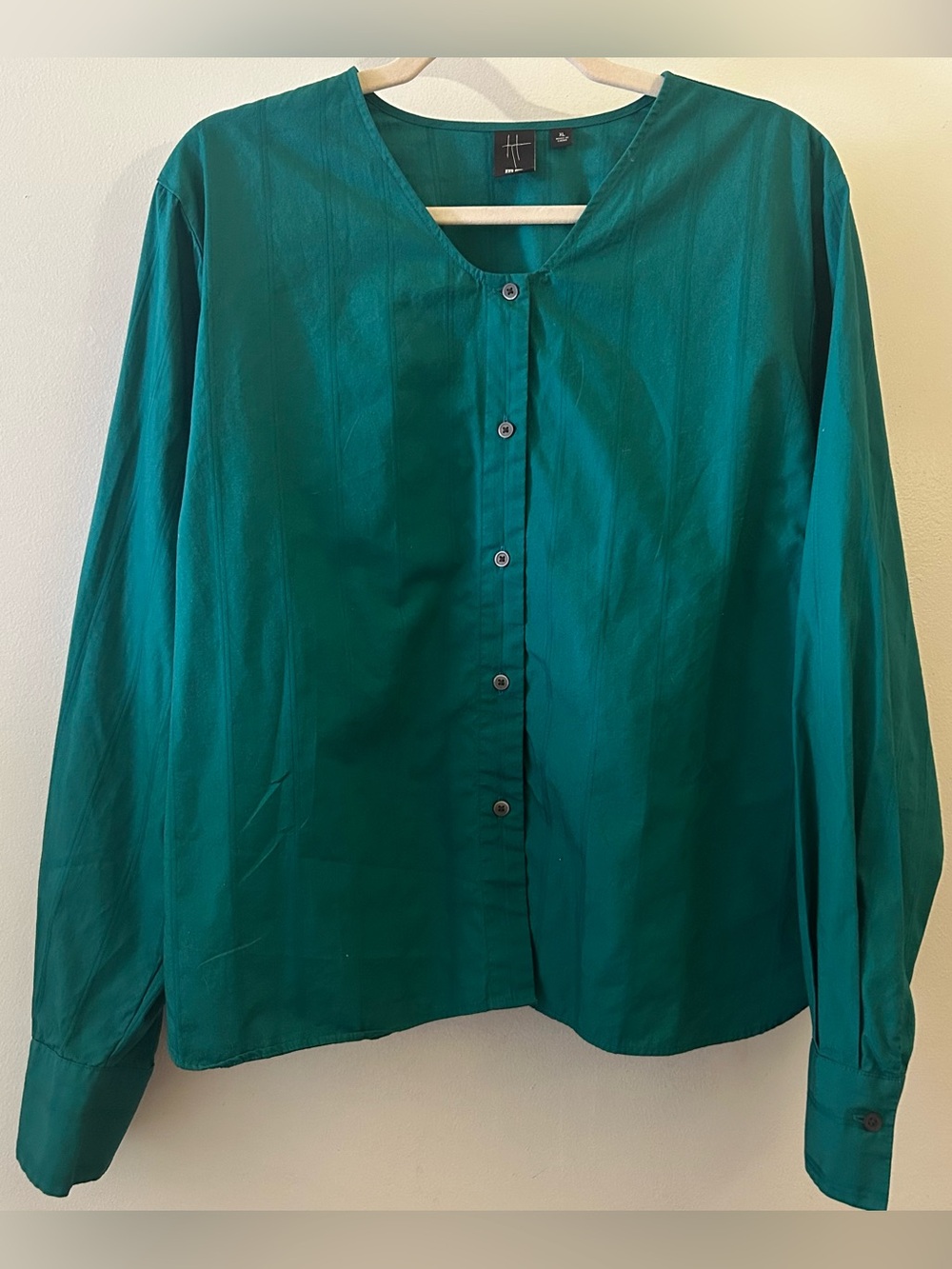 Uniqlo Hana Tajima Blouse Dobby Cotton V-Neck Button Long Sleeve Teal Green XL